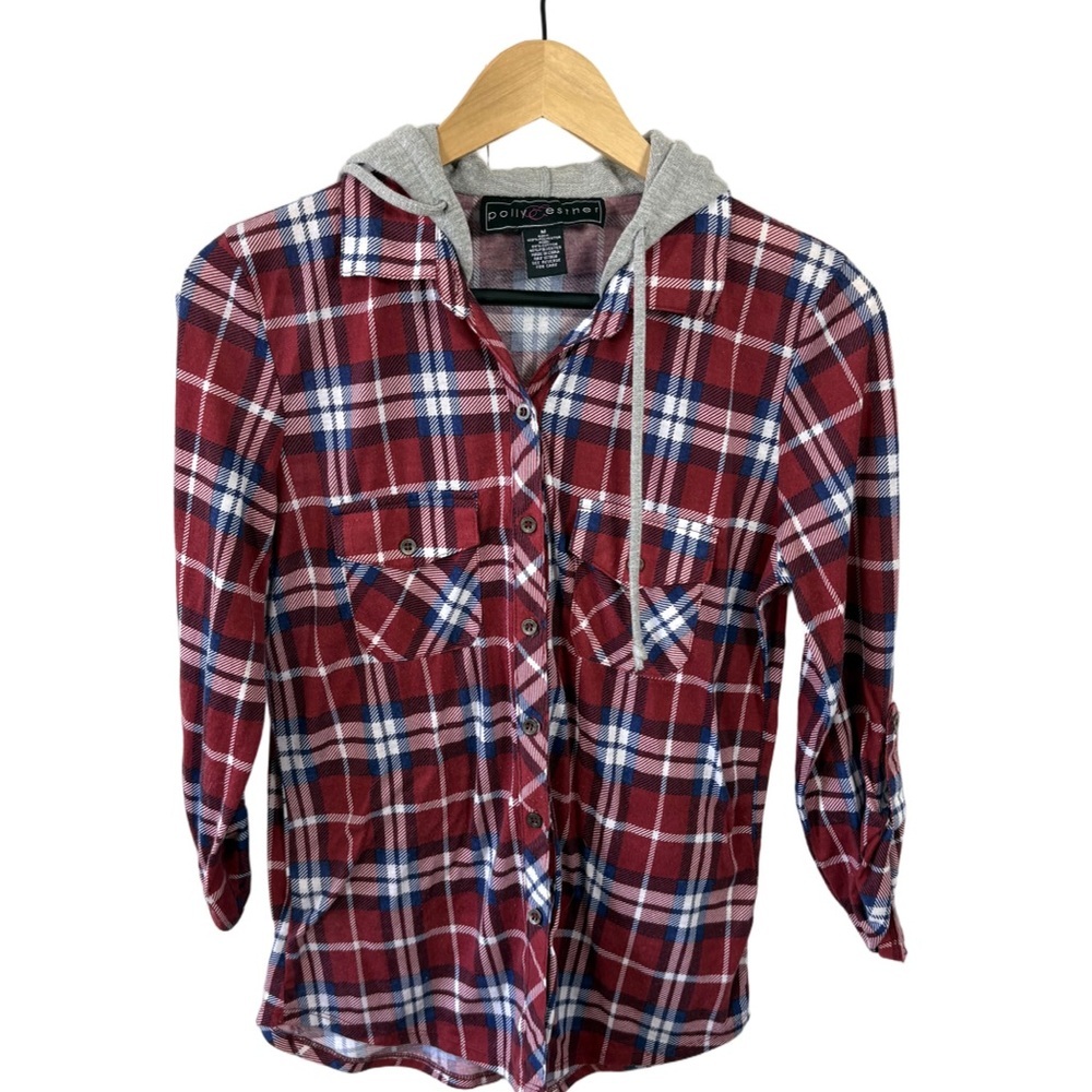 Polly & Esther Plaid Hooded Button Shirt Red Blue Size M